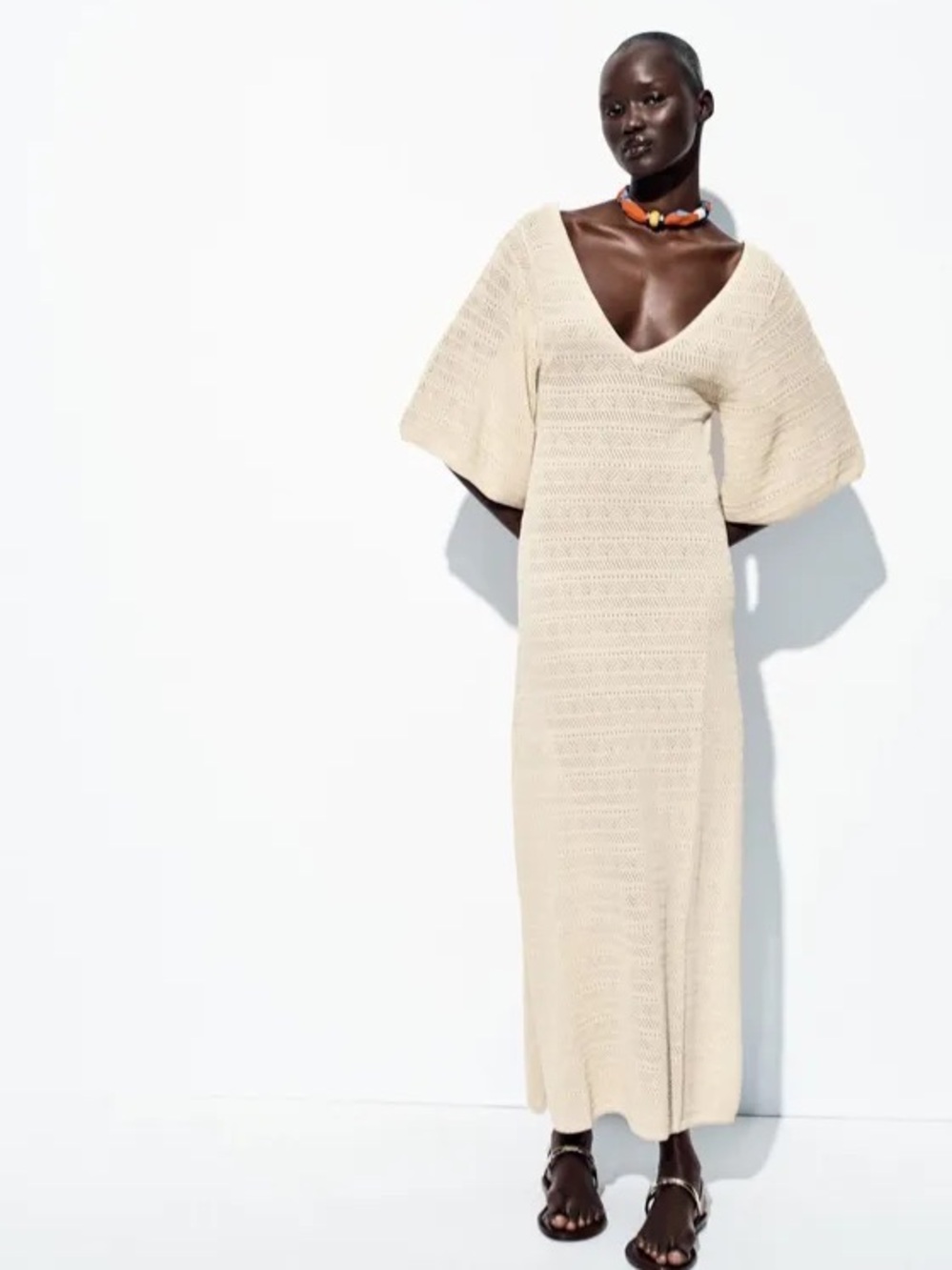 ZARA Pointelle Knit Cream Crochet V‑Neck Maxi Dress, Wide Sleeves. Boho Beach